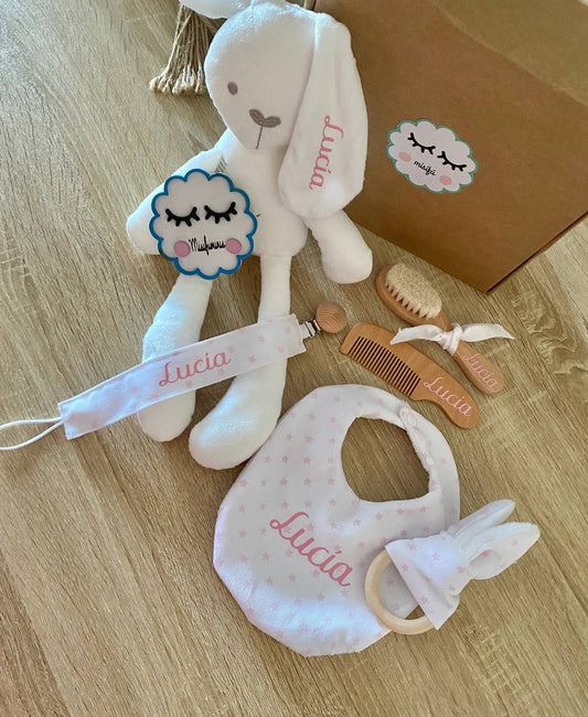 PACK CHUPETERO+MORDEDOR+CEPILLO+PEINE+BABERO+PELUCHE PERSONALIZADO